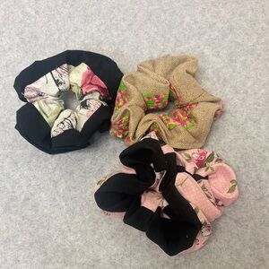Set of Three Floral and Solid Scrunchies
